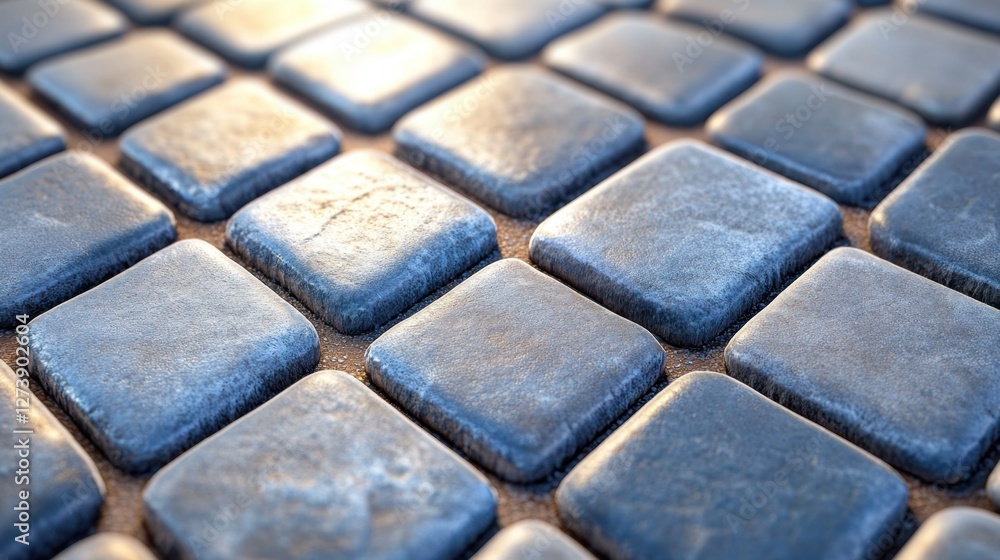 Poster close up view of a pavement composed of square, gray stone blocks. the stones appear worn and textur