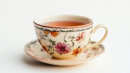A delicate tea cup rests on a matching saucer, showcasing a serene setting perfect for enjoying a warm beverage and relaxation.