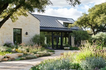Naklejka premium This stunning stone house is nestled within a picturesque neighborhood, embraced by lush gardens and vibrant greenery, all illuminated by the sun's warm rays on a peaceful day