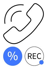 Telephone receiver outline with recording indicator REC in circular icon and percentage discount 0 symbol. Ideal for communication, sales, customer service, discount notifications, telemarketing