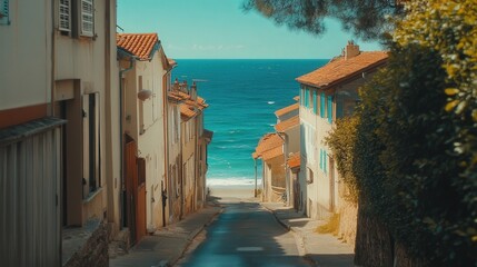 a French seaside village, with its narrow streets and welcoming homes leading to the beach, where the deep blue sea meets the sandy shore under the warm sun