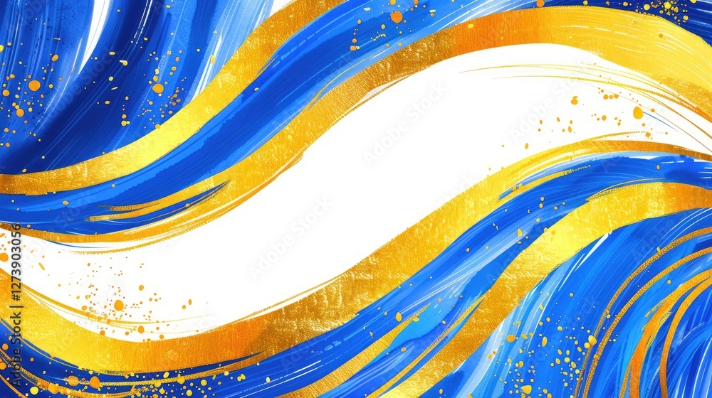 Poster abstract blue and gold waves pattern with glossy brush strokes and splashes on white background