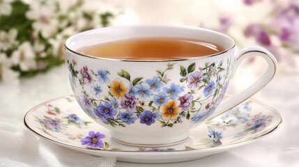 A delicate cup of tea rests on a beautifully designed saucer adorned with a floral pattern, showcasing elegance and tranquility.