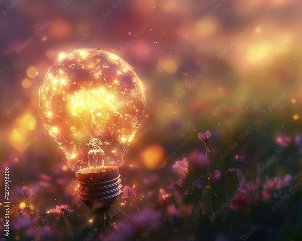 Poster a single bulb glowing in the foreground, with an abstract bokeh background turning the image into an