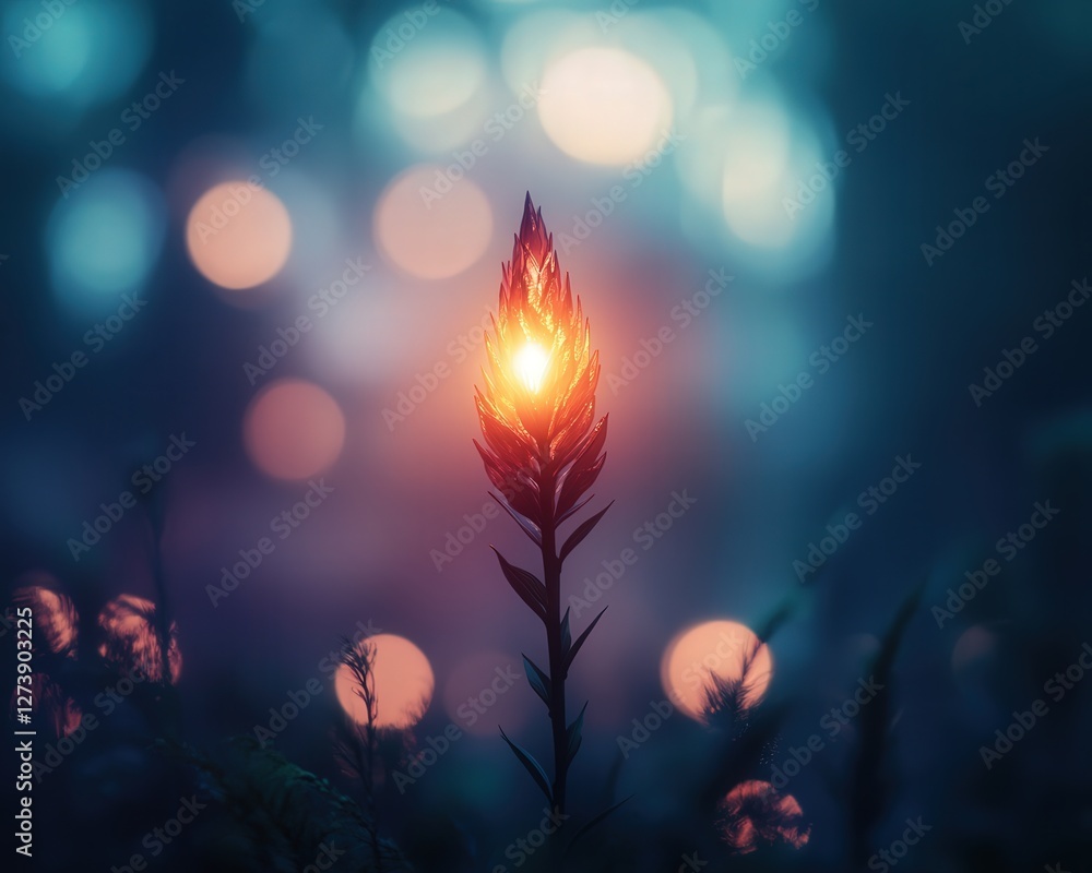 Poster a single bulb glowing in the foreground, with an abstract bokeh background turning the image into an