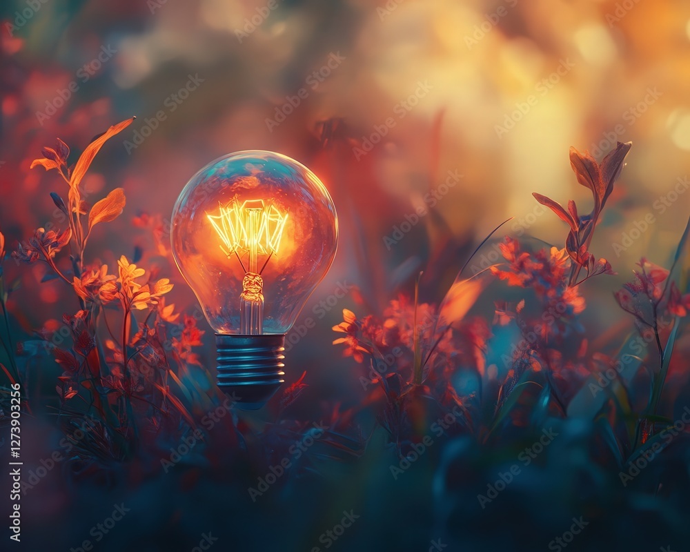 Poster a single bulb glowing in the foreground, with an abstract bokeh background turning the image into an