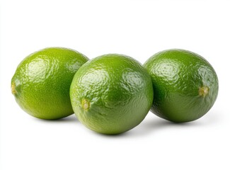 Three bright green limes arranged in a row against a plain white background. The limes are smooth skinned and appear juicy