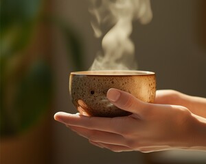 Fototapeta premium Health and Wellness close-up of hands holding a steaming herbal tea cup with a cozy, relaxing atmosphere