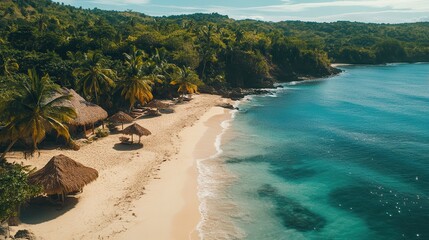 A serene beach scene featuring a thatched hut surrounded by lush palm trees under a clear blue sky, inviting relaxation and tropical vibes.