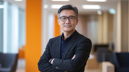 A confident business professional stands with his arms crossed in a bright, modern office. His elegant expression represents leadership, success, and professionalism in an organization or entrepreneur