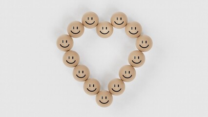 Wooden blocks with happy smiling face icon arranged in heart shape on dark wood background, top view. Love and coexistence concept.3D rendering on white background.