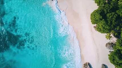 Aerial perspective showcasing a serene beach with a boat gracefully floating on the clear water, highlighting the beauty of nature and leisure activities.