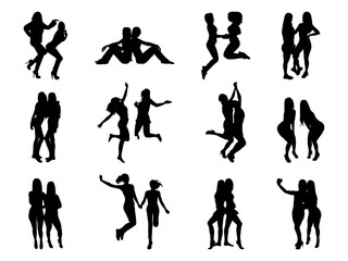 Set of Two Young Slender Women Silhouette in various poses isolated on white background