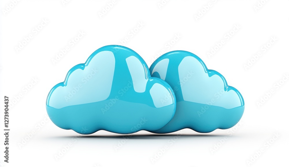 Poster two glossy light blue cloud icons on white background. 3d rendering of simple cloud shapes, suitable