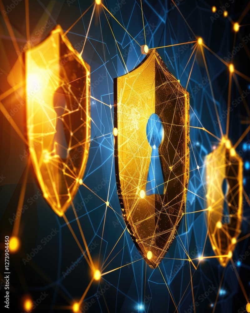 Poster digital security concept with golden shields and connected network background