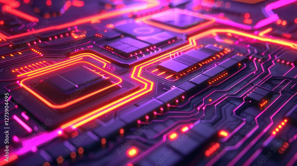 Poster futuristic abstract circuit board with vibrant neon lights and complex patterns in technology