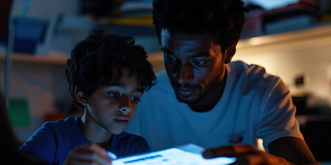 Man and Child Viewing Illuminated Tablet
