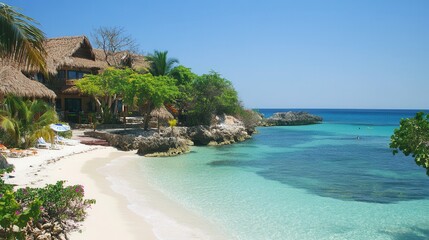 A serene beach scene featuring a thatched roof hut alongside a vibrant blue ocean under a clear sky, inviting relaxation and tranquility.