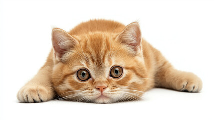 a close up of british shorthair cat in orange  color fur  sleeping on  floor isolated on white background 