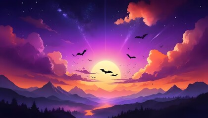 Naklejka premium halloween landscape with moon and bats