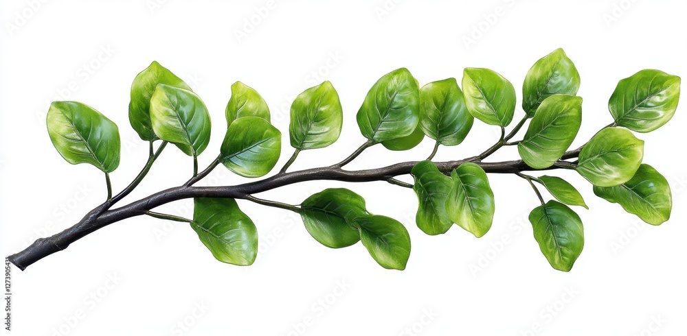 Poster horizontal close up image of a branch with vibrant green leaves against a plain background. the leav