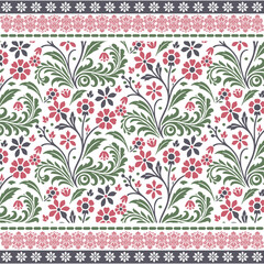 seamless repeat floral pattern with geometric ethnic border for cushion and fabric design
