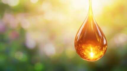 Golden oil drop reflecting sunlight against blurred green background.