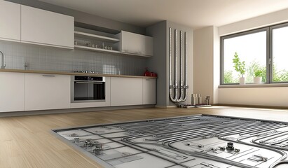 A realistic view of underfloor heating, showing the layout and components in an open space