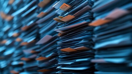High stacks of papers and documents in an office archive.