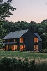 Obraz premium A contemporary black house nestled in the woods during twilight, its illuminated windows revealing a warm and inviting interior atmosphere