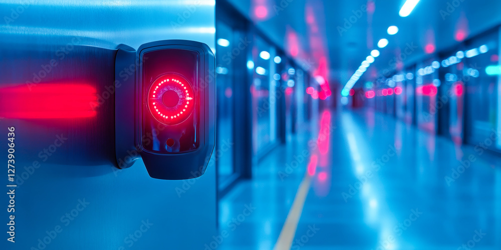 Poster advanced voice-activated security systems in modern facility hallway with futuristic design and tech