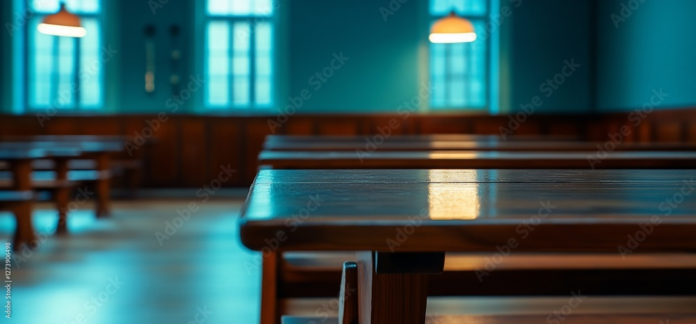 Poster a minimalist depiction of tables in a classically designed interior space