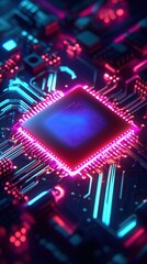 Futuristic microchip design with neon lights showcasing advanced technology and innovation