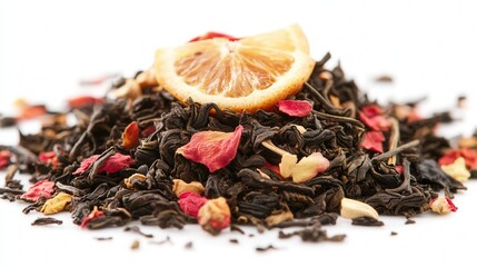 A neat pile of loose tea leaves topped with a fresh lemon slice, showcasing a vibrant contrast of colors and textures.