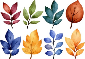 Fototapeta premium Collection of eight watercolor leaves in various autumnal colors deep red, green, teal, burnt orange, navy blue, golden yellow, and muted purple. 