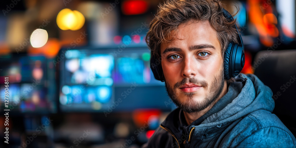 Poster digital content creator using advanced video editing tools with headphones in creative workspace
