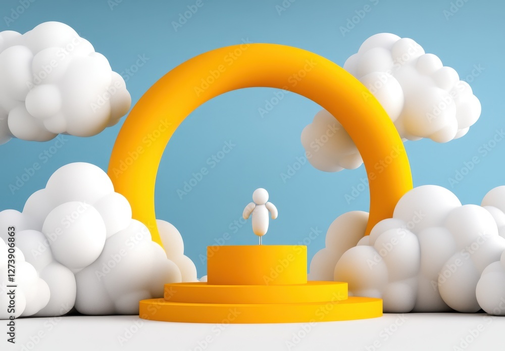 Poster abstract 3d rendering of a whimsical scene featuring a small figure on a three tiered yellow podium,