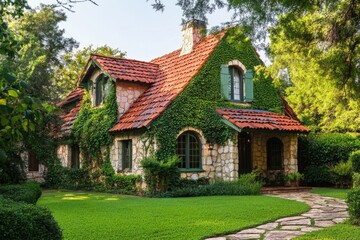 This enchanting stone cottage, enveloped in vibrant greenery, is set amid a beautifully landscaped garden that creates a peaceful retreat during daylight hours