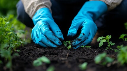 Gardening hands planting small seedlings in rich, dark soil outdoors