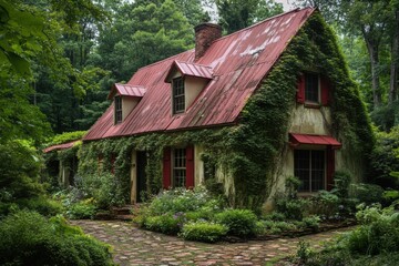 Fototapeta premium Charming cottage draped in vibrant green vines nestled in a lush forest setting on a cloudy day surrounded by colorful flowers and a stone pathway
