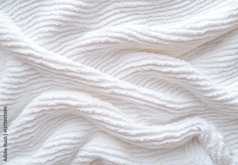 Aufkleber soft white textured fabric with a wavy pattern. close up view of a plush, wrinkled textile surface. 