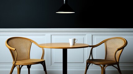 Cozy Cafe Setting with Wooden Table Wicker Chairs under Hanging Lamp Against Black and White Wall