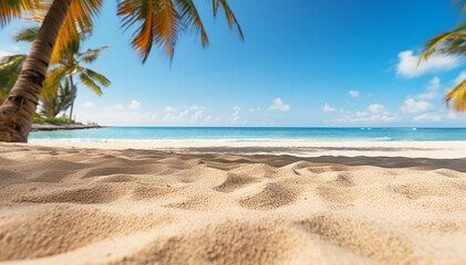 Obraz premium Summer white sand closeup beach background. Framed sandy copy space with palm trees and beautiful sea ocean landscape. Summertime holidays vacation. Sand beach resort. Tropical traveling.