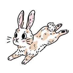 Vector illustration with fluffy kawaii rabbit with white-orange coloring. Hopping hare with cute face. Sticker with a pet on white background