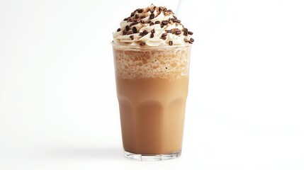 A tall glass filled with a creamy drink topped with whipped cream and sprinkled with chocolate chips, creating a delightful dessert beverage.