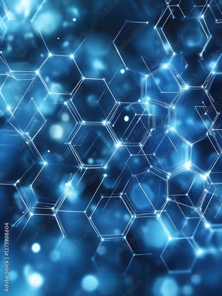 Poster luminous hexagon network on deep blue gradient background representing innovation and technology