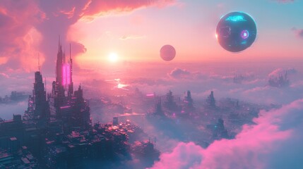 Futuristic Cityscape Above Clouds at Sunset