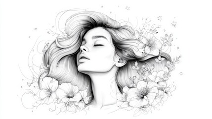 Elegant portrait of caucasian female with floral elements in black and white drawing