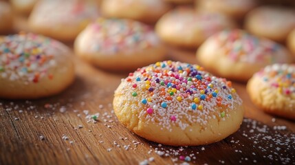 A festive table featuring cookies topped with icing sugar and colorful sprinkles, the details vividly captured in stunning