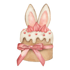 Watercolor illustration of a cute Easter cake decorated with bunny ears, meringue peaks, sugar pearls and ribbon. The illustration is hand-drawn in warm, soft, spring colors. For Easter designs.